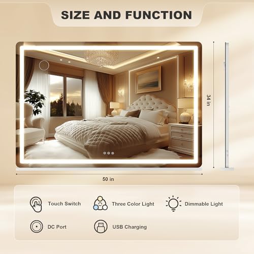 Hasipu Vanity Mirror with Lights, 50.2" x 34" LED Makeup Mirror, Lighted Makeup - Image 2