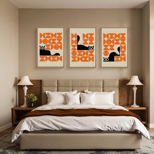 HOURIA Mid Century Geometric Black Cat Framed Canvas Wall Art Set, Abstract - Image 5