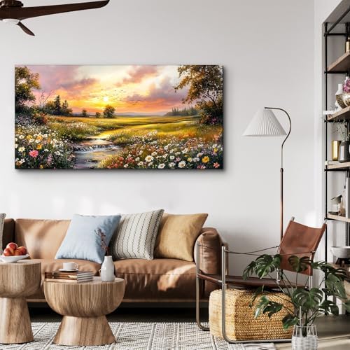 crmotu Rustic Wildflowers Wall Decor, Riverside Sunset Prints 24X48 In - Image 3