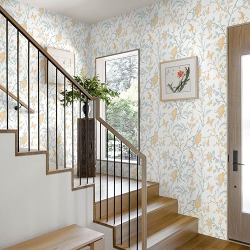 Yellow Wallpaper Floral Peel and Stick Wallpaper Boho Light Blue and Yellow - Image 5