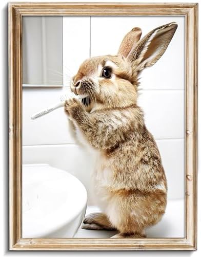 uniro Funny Bathroom Wall Art Prints, Cute Rabbit Brushing Teeth Bathroom by uniro