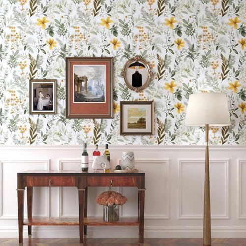 Laatse Vintage Green Yellow Wild Floral Botanical Wallpaper 17.5"x393" - Image 5