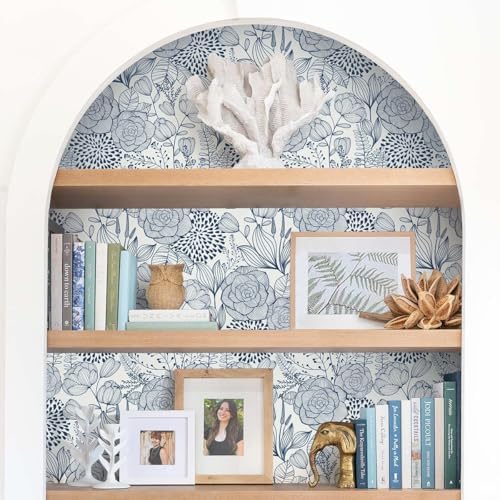 Wudnaye Navy Blue and White Floral Peel and Stick Wallpaper 16.9"×393" - Image 2