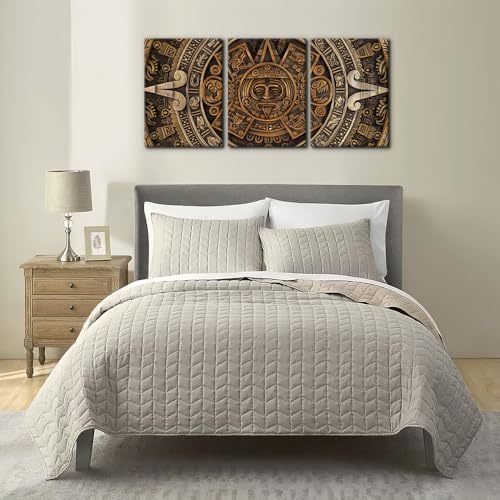 Pacimo Framed Canvas Print Wall Art Set Ancient Aztec Calendar Nature - Image 3