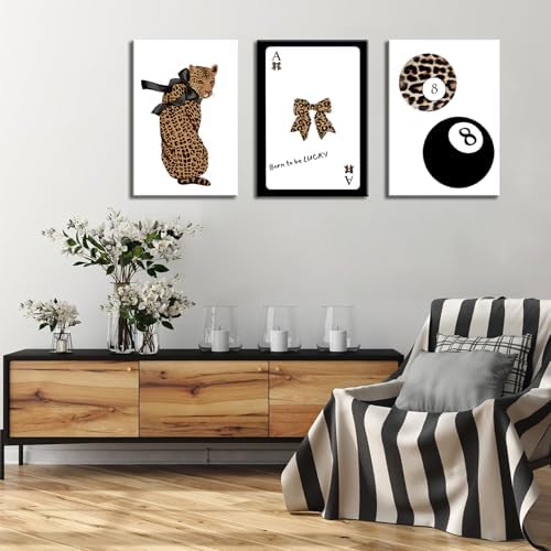 Set of 3 Trendy 8 Ball Leopard Canvas Wall Art Ace Card Bow Wall Decor Pictures - Image 7
