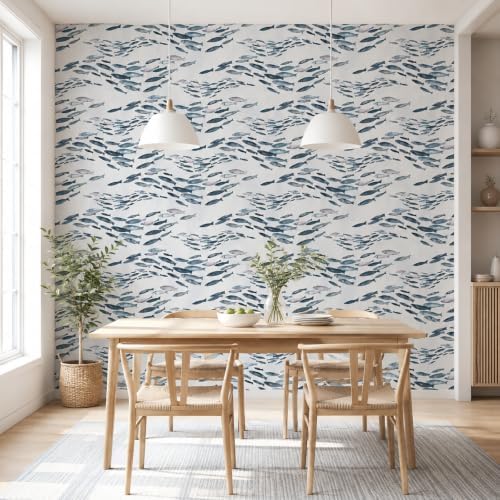 GreenTik Peel and Stick Wallpaper, Watercolor Fish Pattern Aqua Grey Removable - Image 6