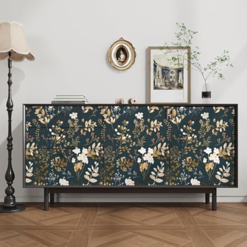 Laatse Vintage Dark Navy Gold Floral Peel and Stick Wallpaper 17.5"x787" - Image 3
