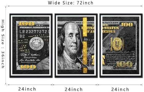 Money Wall Art Canvas Black Framed 100 Dollar Bill Painting 3 Panels - Image 6