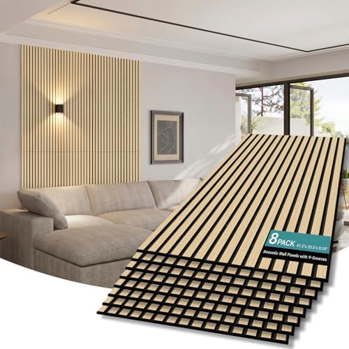 V-Groove Wood Slat Acoustic Panels, 62.4 Sq Ft Self-Adhesive Soundproof Wall by AKK-ART