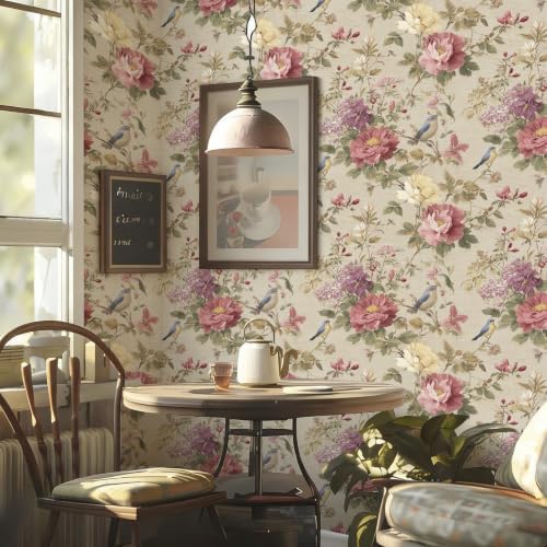 Vintage Chinoiserie Textured Bird Peony Peel and Stick Wallpaper Self Adhesive - Image 2