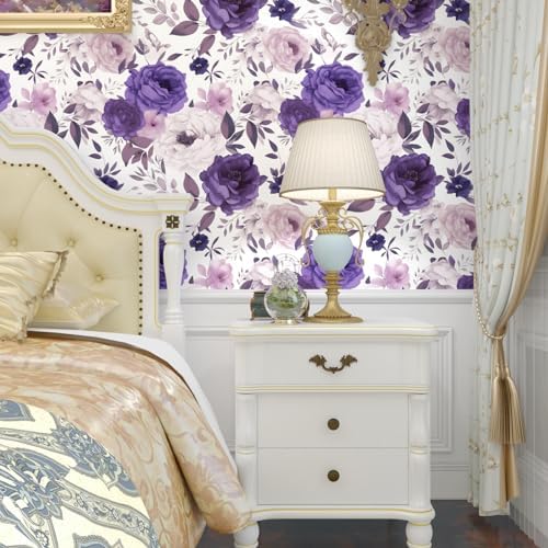 BOKEBEVE Super Long White Purple Floral Peel Stick Wallpaper 17.5 x 787In - Image 3