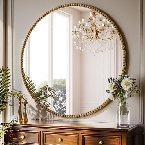 32'' Round Mirror, Beaded Circle Decorative Wall Mirror by Unknown