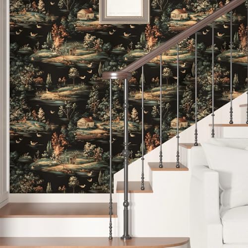 BOKEBEVE Vintage Village Cottage Wallpaper Peel Stick Black 17.5 x 787In - Image 3