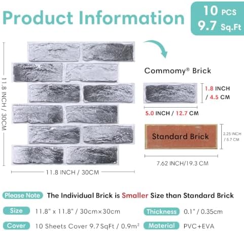 Commomy 3D Wall Panels Peel and Stick Faux Brick 10 Pcs 11.8" x 11.8" - Image 4