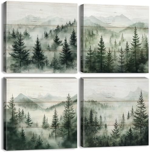 Green Forest Wall Art Nature Foggy Mountains Landscape Pictures by BLBORLINART