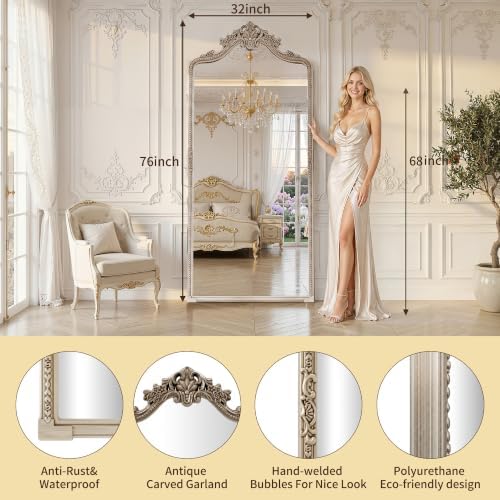 Wall Mount Arched Full Length Mirror, Baroque Antique Vintage Long Mirrors - Image 5