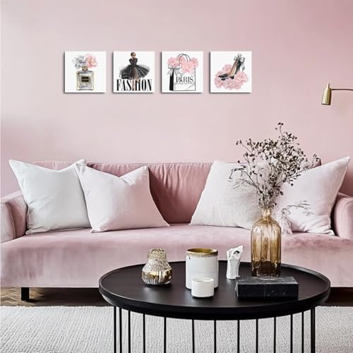 4 Pcs Pink Fashion Women Wall Art Pink Flowers Perfume High Heel Wall Decor - Image 3