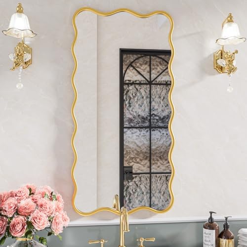 PROHOMEWARE 24x48 Gold Wavy Irregular Large Bathroom Mirror, Wall-Mounted by PROHOMEWARE