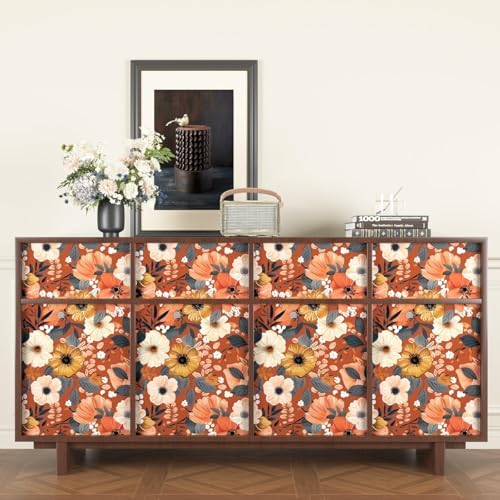 BOKEBEVE Floral Wallpaper Peel and Stick Boho Vintage Orange 17.5 x 118In - Image 5