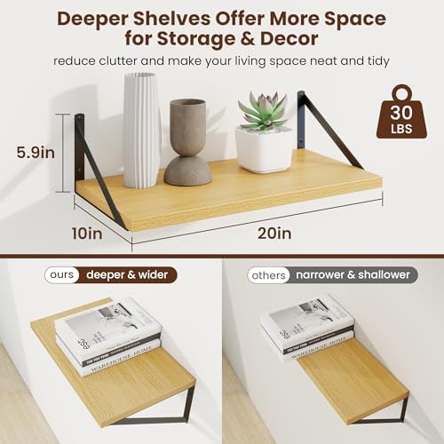 Axeman 20 Inch Floating Shelves, 10 Inch Deep Oak Wall Shelves Set of 2 - Image 3
