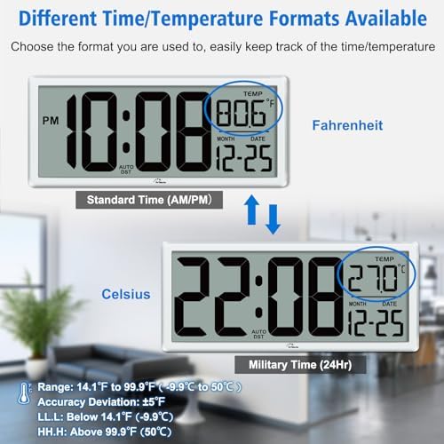 WallarGe 14.5'' Backlight Digital Wall Clock Battery Operated - Image 6