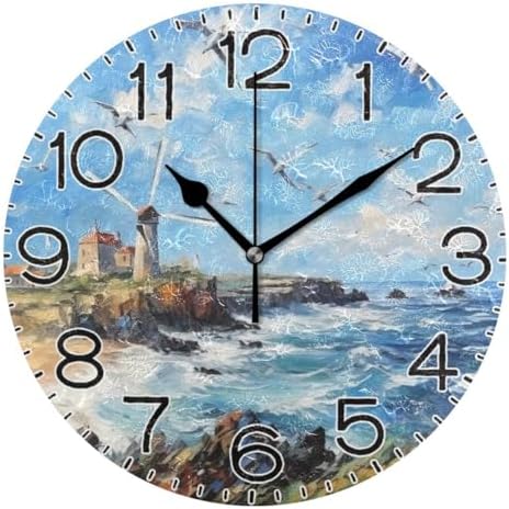ALAZA Oil Painting Sea Gull Lighthouse Seaside Landscape Wall Clock Battery by ALAZA