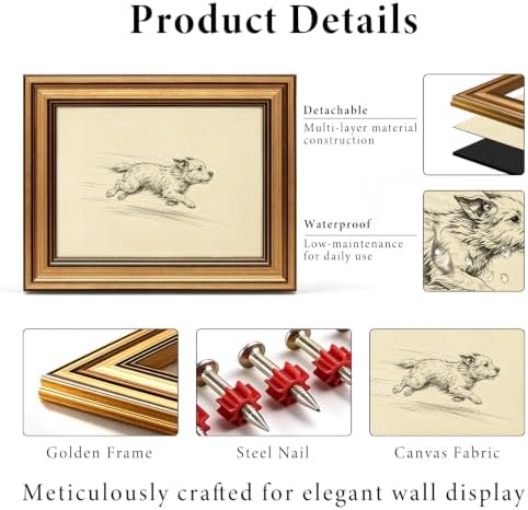 IMNTSD Framed Vintage Running Dog Sketch Wall Art, Antique Pencil Drawing Puppy - Image 3