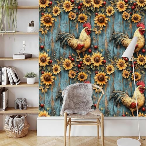 Peel and Stick Mural Sunflowers Rooster Removable Wallpaper 17.3"x78.7" Self - Image 3