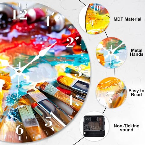 12" Silent Wall Clock, Round Wall Clock, Art Brushes and Oil Paint - Image 3