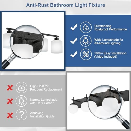 24 Inches Black Vanity Lights for Bathroom E26 Base White Lampshape - Image 3