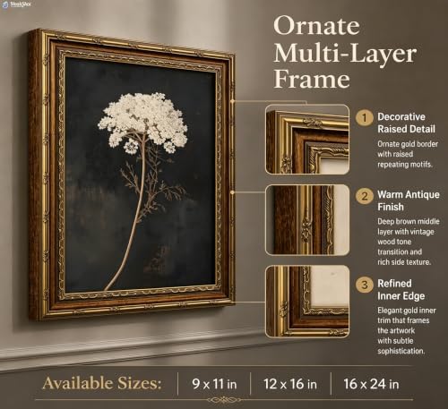 Vintage Gold Framed Floral Wall Art Dark Moody Flower Botonical Canvas Painting - Image 2