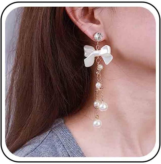 Vintage Crystal Pearl Drop Earrings Pearl Bow Dangle Earrings Long Pearl Tassel Chain Earrings Cz Bow Stud Earrings Jewelry for Women