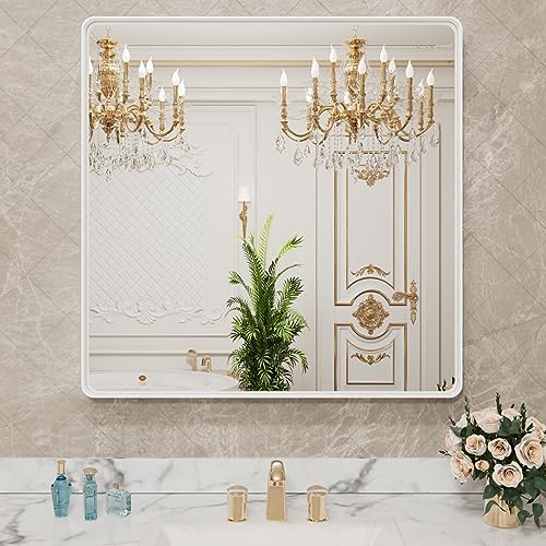 LOAAO 30x30 Inch White Metal Framed Bathroom Mirror by LOAAO