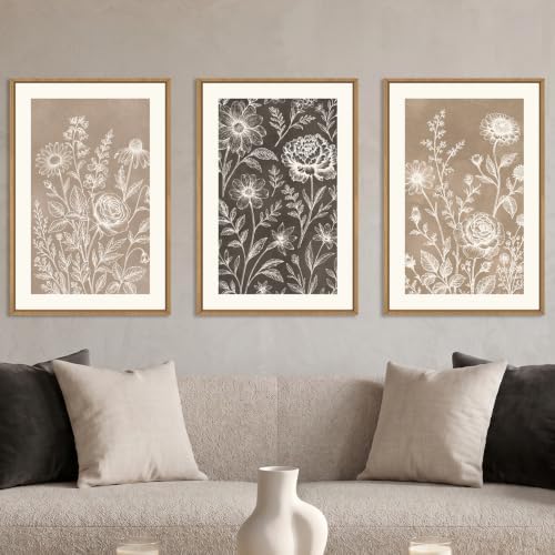 Aryroi Neutral Boho Flower Botanical Framed Canvas Wall Art Set-16"x24"x3 by Aryroi
