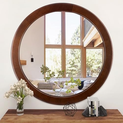 Round Mirrors 30 Inch, Wood Vanity Wall Rustic Mirror by Culer