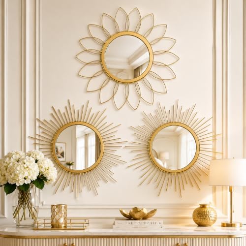 Gold Sunburst Mirror 14x14 Inch, Decorative Wall Accent by HMANGE