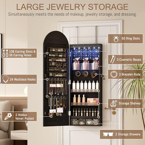 LVSOMT Arched Lighted Mirror Jewelry Cabinet, Wall/Door Mount Jewelry Armoire - Image 4