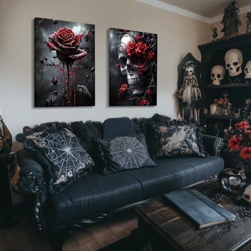Hianan Wrapped Canvas Dark Goth Crow Rose Skull Wall Art Set of 3, 16x24 in - Image 3