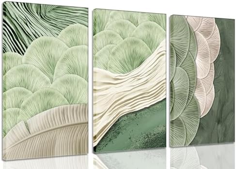 Framed Abstract Green Wall Art Set of 3-Mid Century Textured Natural Botanical by Unknown