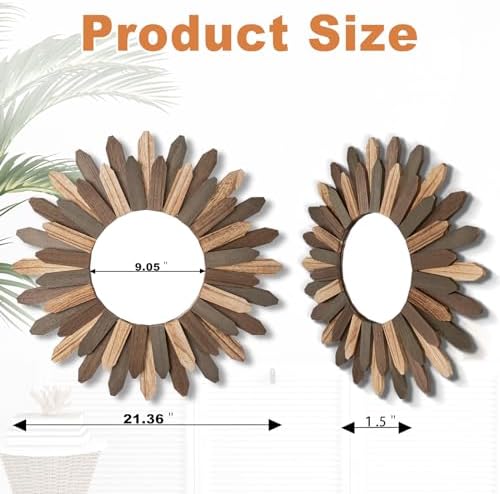 Emfogo Wall Mirror 21 inch Large Rustic Wood Boho Mirror Wall Decor Boho Room - Image 3