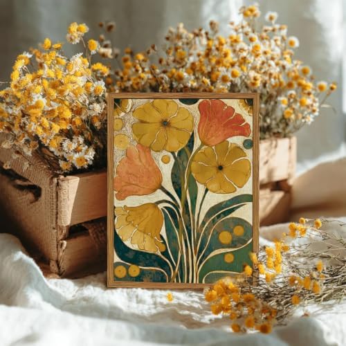 Framed Boho Floral Wall Art, Mid Century Modern Vintage Flower Pictures Wall - Image 2