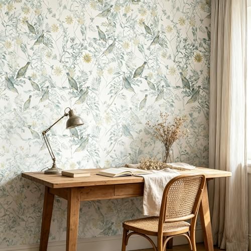 Peel and Stick Wallpaper White/Green Vintage Floral & Birds Self Adhesive - Image 7