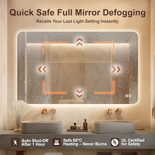 40''x30'' Backlit Mirror Bathroom Wall Rectangular Rounded Corners, LED - Image 3