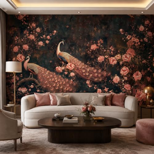Zeeko Dark Chinoiserie Peacock Wall Murals Peel and Stick 148" W x 98" H by Zeeko