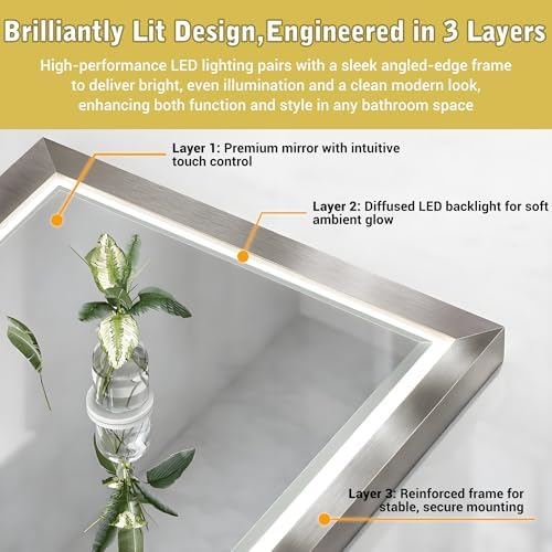 30x36 LED Bathroom Mirror with Lights, Beveled Framed Smart Bathroom Vanity - Image 3