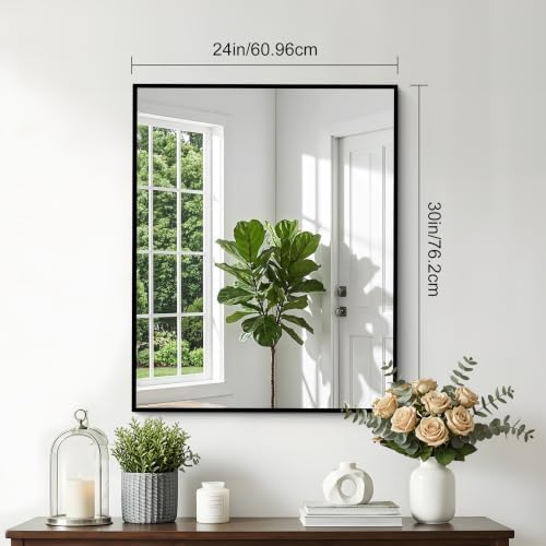 Bathroom Mirror, 30 x 24 inch Metal Framed Black Rectangle Mirror - Image 2