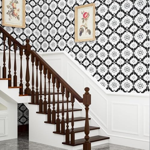 BOKEBEVE Boho Floral Peel and Stick Wallpaper Black White 17.5 x 393.5In - Image 4