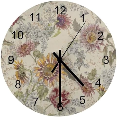 Retro Floral Wall Clock, William Morris Style Vintage Sunflower Garden Plants by LOMADIA