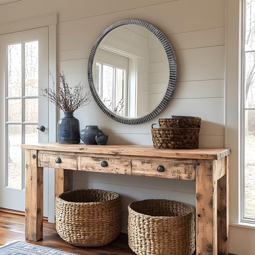 35" Round Wood Mirror, Farmhouse Large Wooden Mirror, Washed Black - Image 2