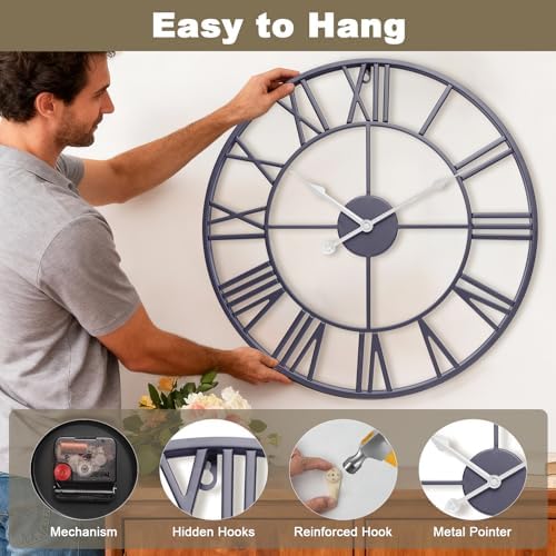 24 Inch Slate Gray Metal Big Roman Numerals Large Wall Clocks - Image 4